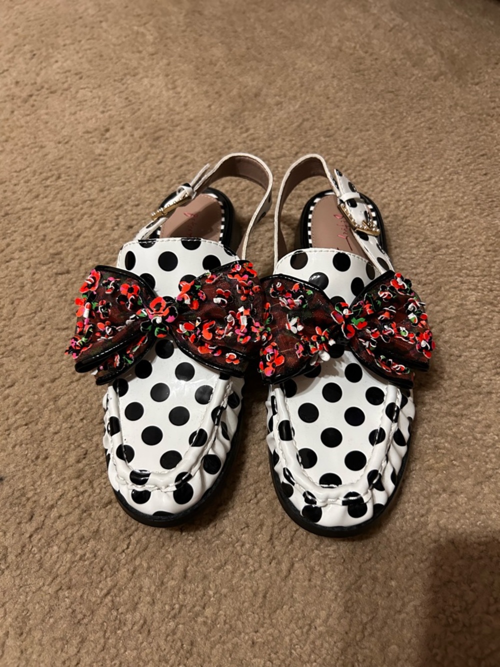 Betsey Johnson White & Black Polka Dot Slingback Flats with Red Bow Accents